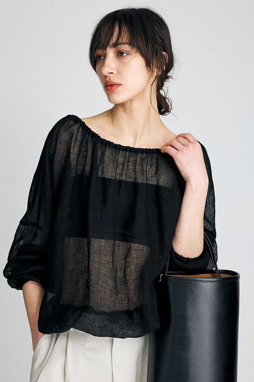 【ブリル/BRILL】のカラミギャザーブラウス インテリア・キッズ・メンズ・レディースファッション・服の通販 founy(ファニー) 　ファッション　Fashion　レディースファッション　Fashion for Women　トップス・カットソー　Cut & Sew Tops　シャツ・ブラウス・オフィスカジュアル　Elegant Blouses & Button-Ups　ギャザー　Gathered, Ruffled　ストリング　String, Drawstring　スリーブ　Sleeve, Long Sleeve / Short Sleeve　フォルム　Silhouette, Form　リネン　Linen, Linen Fabric　ロング　Long, Long-Length　再入荷　Restock / Back in Stock　夏　Summer　ブラック|ID: prp329100004906804 ipo3291000000036739210