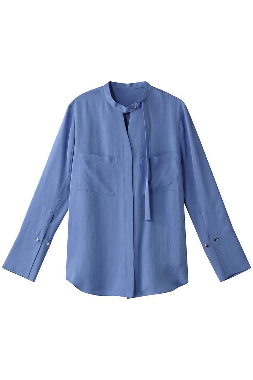 【アルアバイル/allureville】のフリュイドオーバーラップブラウス インテリア・キッズ・メンズ・レディースファッション・服の通販 founy(ファニー) 　ファッション　Fashion　レディースファッション　Fashion for Women　トップス・カットソー　Cut & Sew Tops　シャツ・ブラウス・オフィスカジュアル　Elegant Blouses & Button-Ups　アシンメトリー　Asymmetrical Style　スタンド　Stand Collar, Upright Stand　スリーブ　Sleeve, Long Sleeve / Short Sleeve　ドレープ　Drape, Draping Fabric　ファブリック　Fabric, Textile　リボン　Ribbon, Bow　ロング　Long, Long-Length　ブルー|ID: prp329100004906827 ipo3291000000036739380