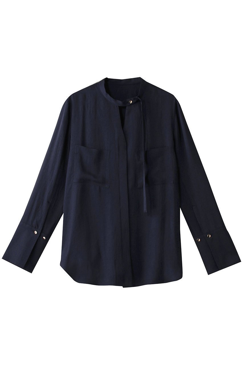 【アルアバイル/allureville】のフリュイドオーバーラップブラウス インテリア・キッズ・メンズ・レディースファッション・服の通販 founy(ファニー) 　ファッション　Fashion　レディースファッション　Fashion for Women　トップス・カットソー　Cut & Sew Tops　シャツ・ブラウス・オフィスカジュアル　Elegant Blouses & Button-Ups　アシンメトリー　Asymmetrical Style　スタンド　Stand Collar, Upright Stand　スリーブ　Sleeve, Long Sleeve / Short Sleeve　ドレープ　Drape, Draping Fabric　ファブリック　Fabric, Textile　リボン　Ribbon, Bow　ロング　Long, Long-Length　ネイビー|ID: prp329100004906827 ipo3291000000036739381