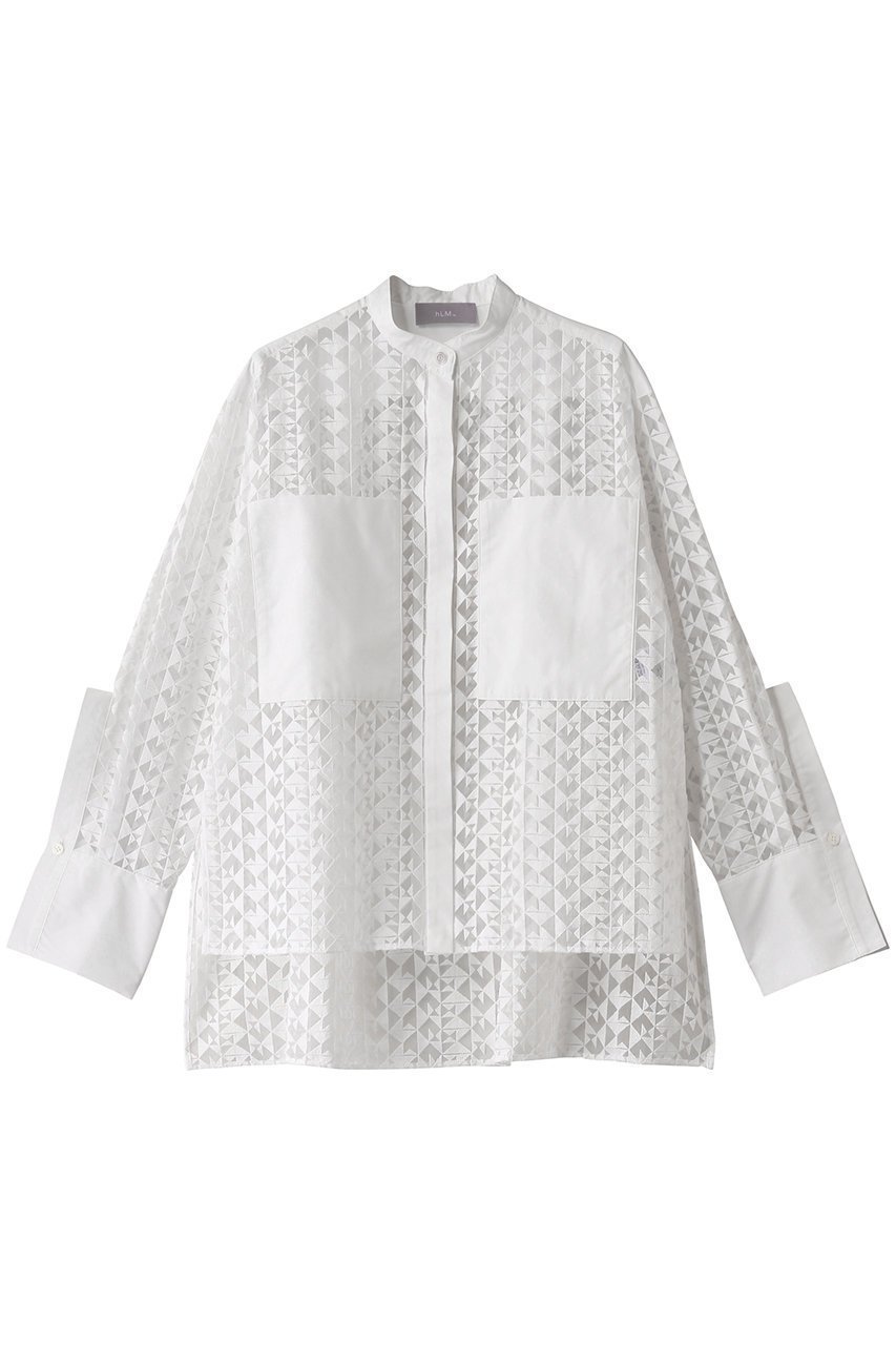 【ヒューエルミュージアム/hueLe Museum】の【hLM】ジオメトリックレースブラウス インテリア・キッズ・メンズ・レディースファッション・服の通販 founy(ファニー) 　ファッション　Fashion　レディースファッション　Fashion for Women　トップス・カットソー　Cut & Sew Tops　シャツ・ブラウス・オフィスカジュアル　Elegant Blouses & Button-Ups　おすすめ　Recommended / Our Picks　ジャケット　Jacket, Outerwear　スリーブ　Sleeve, Long Sleeve / Short Sleeve　ポケット　Pocket, Pocket Detail　マニッシュ　Mannish, Boyish　モダン　Modern, Contemporary　ロング　Long, Long-Length　今季　This Season, Current Season　無地　Plain, Solid Color　ホワイト|ID: prp329100004906879 ipo3291000000036739782