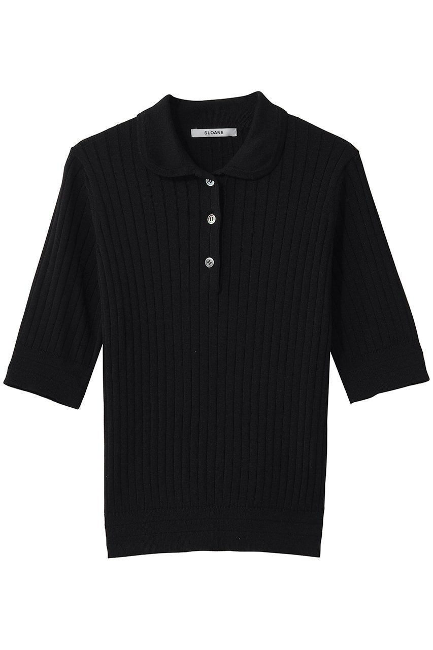 【スローン/SLOANE】の12Gワイドリブ コットン×ポリエステル5分袖丸襟ポロ インテリア・キッズ・メンズ・レディースファッション・服の通販 founy(ファニー) 　ファッション　Fashion　レディースファッション　Fashion for Women　トップス・カットソー　Cut & Sew Tops　シャツ・ブラウス・オフィスカジュアル　Elegant Blouses & Button-Ups　ポロシャツ・きれいめカジュアル　Smart-Casual Polo Tops　フィット　Fit, Slim Fit　ポロシャツ　Polo Shirt, Collared Tee　ワイドリブ　Wide Rib, Wide Ribbed Knit　エレガント 上品　Elegant　夏　Summer　ブラック|ID: prp329100004906980 ipo3291000000036740709