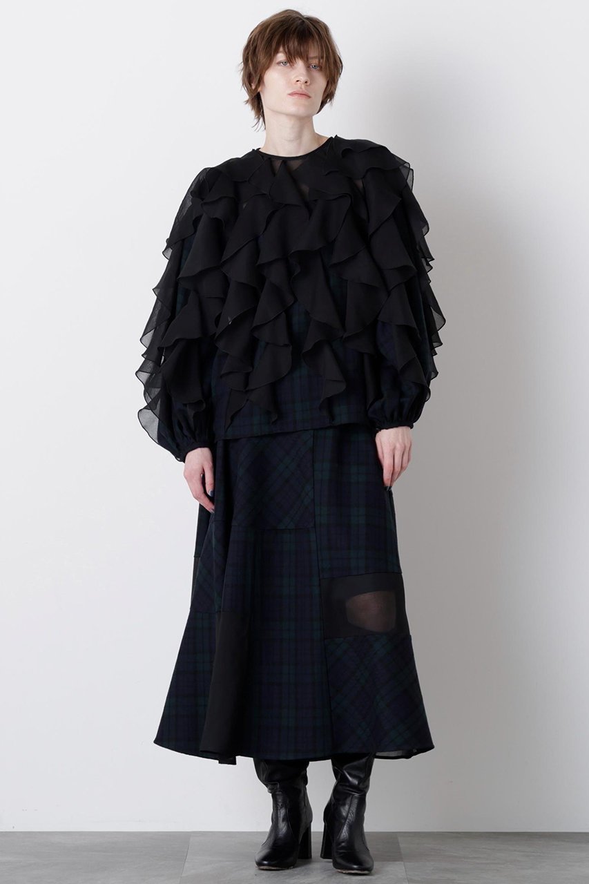 【ヒューエルミュージアム/hueLe Museum】の【STUMBLY】Sheer Combination Pattern Skirt インテリア・キッズ・メンズ・レディースファッション・服の通販 founy(ファニー) 　ファッション　Fashion　レディースファッション　Fashion for Women　スカート　Skirts　ロングスカート　Long Skirts / Maxi & Midi Skirts　チェック　Check, Plaid, Tartan　パッチワーク　Patchwork, Mixed Fabric　フレア　Flare, Flared　プリント　Print, Printed Pattern　ランダム　Random, Irregular　ロング　Long, Long-Length　エレガント 上品　Elegant　無地　Plain, Solid Color　グリーン|ID: prp329100004907470 ipo3291000000036753473