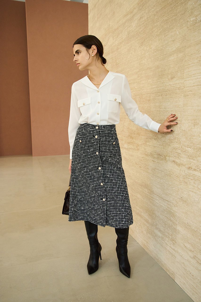 【エムダブリュー/MW】のMONOTONE チェック ツイード スカート 人気、トレンドファッション・服の通販 founy(ファニー) 　ファッション　Fashion　レディースファッション　Fashion for Women　スカート　Skirts　ワンピース　Dresses　おすすめ　Recommended / Our Picks　オケージョン　Occasion Wear　セレモニー　Ceremony　チェック　Check, Plaid, Tartan　チュニック　Tunic, Long Top　ツイード　Twill, Twill Weave　バランス　Balance, Style Balance　フロント　Front, Front Design　モノトーン　Monotone, Black and White　ラグジュアリー　Luxury, Elegant　ロング　Long, Long-Length　other-6|ID: prp329100004907502 ipo3291000000036753856
