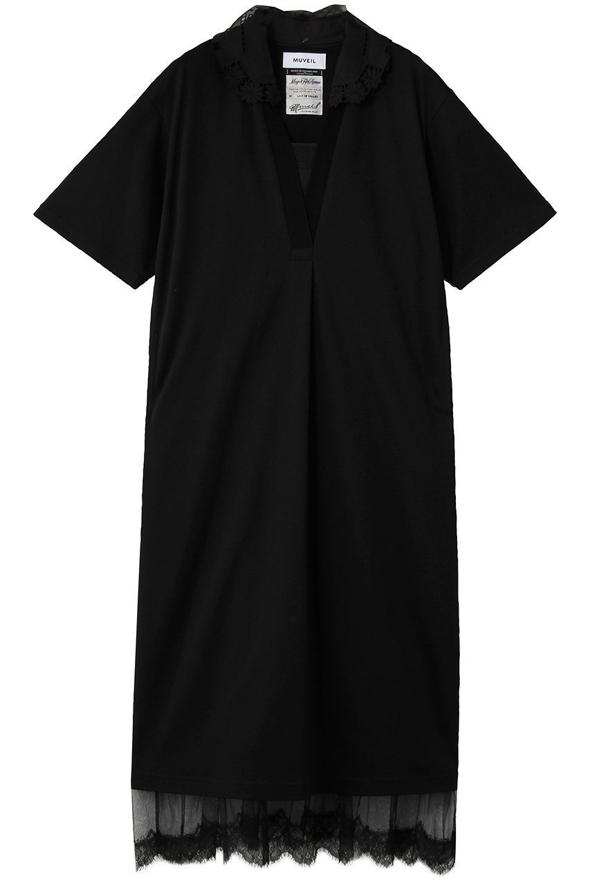 【ミュベール/MUVEIL】のレースカラー付きポロワンピース インテリア・キッズ・メンズ・レディースファッション・服の通販 founy(ファニー) 　ファッション　Fashion　レディースファッション　Fashion for Women　ワンピース　Dresses　チュニック　Tunic Tops & Dresses　なめらか　Smooth, Silky Texture　インナー　Innerwear　オーガンジー　Organza Fabric　サテン　Satin, Glossy Fabric　スポーティ　Sporty, Casual Athletic　チュニック　Tunic, Long Top　ドレス　Dress, One-Piece　ラグジュアリー　Luxury, Elegant　レース　Lace, Lace Fabric　ロング　Long, Long-Length　ワーク　Workwear, Utility Style　エレガント 上品　Elegant　新作・新入荷　New Arrivals / New In　ブラック|ID: prp329100004907664 ipo3291000000036755853