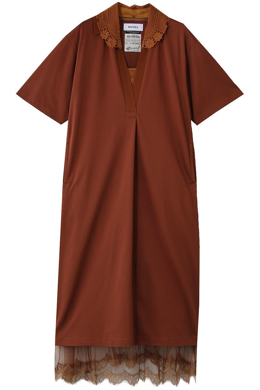 【ミュベール/MUVEIL】のレースカラー付きポロワンピース インテリア・キッズ・メンズ・レディースファッション・服の通販 founy(ファニー) 　ファッション　Fashion　レディースファッション　Fashion for Women　ワンピース　Dresses　チュニック　Tunic Tops & Dresses　なめらか　Smooth, Silky Texture　インナー　Innerwear　オーガンジー　Organza Fabric　サテン　Satin, Glossy Fabric　スポーティ　Sporty, Casual Athletic　チュニック　Tunic, Long Top　ドレス　Dress, One-Piece　ラグジュアリー　Luxury, Elegant　レース　Lace, Lace Fabric　ロング　Long, Long-Length　ワーク　Workwear, Utility Style　エレガント 上品　Elegant　新作・新入荷　New Arrivals / New In　ブラウン|ID: prp329100004907664 ipo3291000000036755854