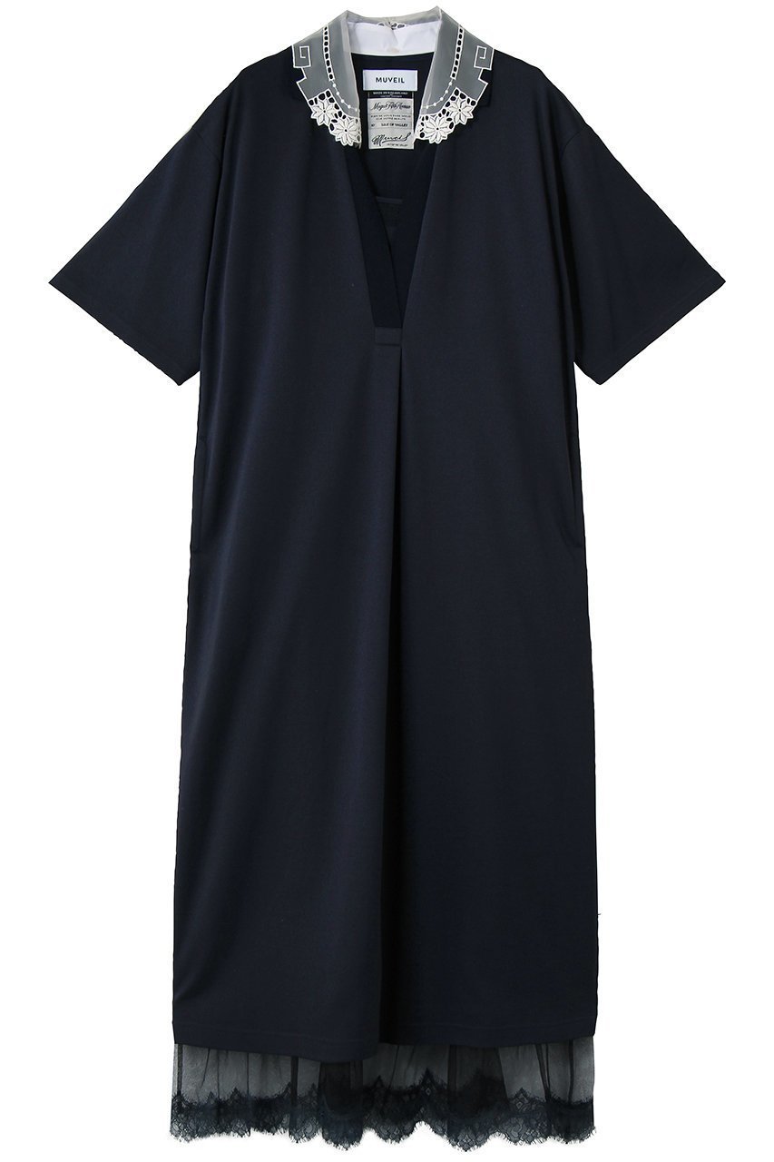 【ミュベール/MUVEIL】のレースカラー付きポロワンピース インテリア・キッズ・メンズ・レディースファッション・服の通販 founy(ファニー) 　ファッション　Fashion　レディースファッション　Fashion for Women　ワンピース　Dresses　チュニック　Tunic Tops & Dresses　なめらか　Smooth, Silky Texture　インナー　Innerwear　オーガンジー　Organza Fabric　サテン　Satin, Glossy Fabric　スポーティ　Sporty, Casual Athletic　チュニック　Tunic, Long Top　ドレス　Dress, One-Piece　ラグジュアリー　Luxury, Elegant　レース　Lace, Lace Fabric　ロング　Long, Long-Length　ワーク　Workwear, Utility Style　エレガント 上品　Elegant　新作・新入荷　New Arrivals / New In　ネイビー|ID: prp329100004907664 ipo3291000000036755855