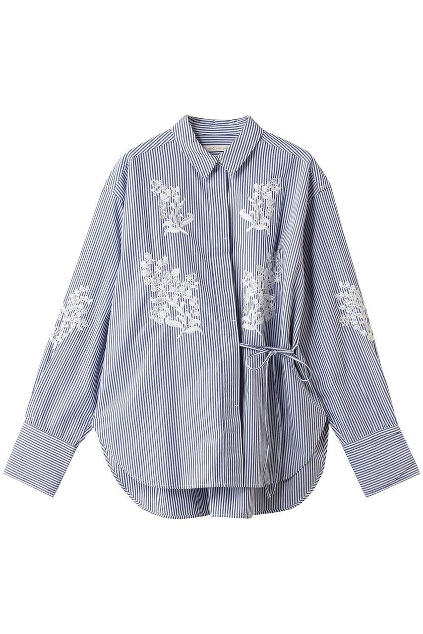 【ヌキテパ/NE QUITTEZ PAS】のCotton Poplin Mimosa エンブロイダリー シャツ インテリア・キッズ・メンズ・レディースファッション・服の通販 founy(ファニー) 　ファッション　Fashion　レディースファッション　Fashion for Women　トップス・カットソー　Cut & Sew Tops　シャツ・ブラウス・オフィスカジュアル　Elegant Blouses & Button-Ups　エンブロイダリー　Embroidery Design　カシュクール　Wrap Design　スリーブ　Sleeve, Long Sleeve / Short Sleeve　デニム　Denim, Jeans Material　リボン　Ribbon, Bow　ループ　Loop, Loop Knit　ロング　Long, Long-Length　新作・新入荷　New Arrivals / New In　春　Spring　ブルー|ID: prp329100004907672 ipo3291000000036755920