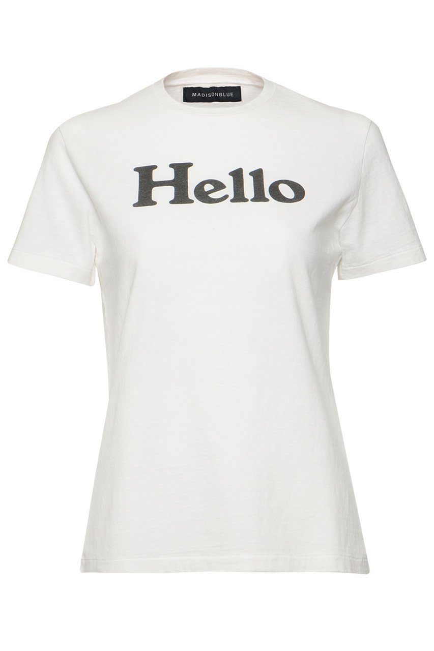 【マディソンブルー/MADISONBLUE】のHELLO TEE/HELLO Tシャツ インテリア・キッズ・メンズ・レディースファッション・服の通販 founy(ファニー) 　ファッション　Fashion　レディースファッション　Fashion for Women　トップス・カットソー　Cut & Sew Tops　シャツ・ブラウス・オフィスカジュアル　Elegant Blouses & Button-Ups　ロングTシャツ・Tシャツ　Longline T-Shirts & Tees　カットソー・ベーシックTシャツ　Cut-and-Sewn Tops / Stretch Tees & Basics　インナー　Innerwear　ショート　Short, Short Length　ジャケット　Jacket, Outerwear　スリーブ　Sleeve, Long Sleeve / Short Sleeve　プリント　Print, Printed Pattern　夏　Summer　春　Spring　S/S・春夏　SS, Spring/Summer, Warm Season　ホワイト|ID: prp329100004908191 ipo3291000000036763151