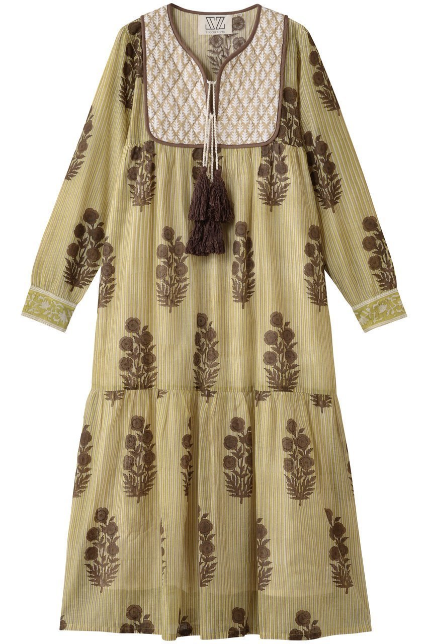 【エスゼット ブロックプリント/SZ Blockprints】のJODHPUR DRESS POPPY ON THIN STRIPE シルクロングドレス インテリア・キッズ・メンズ・レディースファッション・服の通販 founy(ファニー) 　ファッション　Fashion　レディースファッション　Fashion for Women　ワンピース　Dresses　フォーマル・パーティードレス・結婚式用ドレス　Elegant & Casual Dresses　チュニック　Tunic Tops & Dresses　シルク　Silk, 100% Silk　ストライプ　Stripe, Striped Pattern　タッセル　Tassel, Fringe　チュニック　Tunic, Long Top　ドレス　Dress, One-Piece　リゾート　Resort, Vacation Style　ロング　Long, Long-Length　ブラウン|ID: prp329100004908325 ipo3291000000036764905
