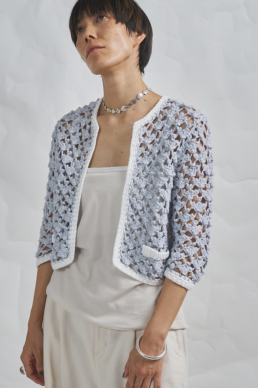 【ウィムガゼット/Whim Gazette】の【GEMINI】ハンドニットカーディガン インテリア・キッズ・メンズ・レディースファッション・服の通販 founy(ファニー) 　ファッション　Fashion　レディースファッション　Fashion for Women　トップス・カットソー　Cut & Sew Tops　ニット　Knit Tops & Sweaters　カーディガン・羽織り　Layered Style Cardigans　おすすめ　Recommended / Our Picks　かぎ針　Crochet　イタリア　Italy　エレガント 上品　Elegant　カーディガン　Cardigan, Knitwear　コンパクト　Compact, Small Size　ジャケット　Jacket, Outerwear　タンク　Tank Top, Sleeveless Top　トリミング　Trimming, Decorative Edge　リボン　Ribbon, Bow　手編み　Hand-Knitted, Handmade Knit　透かし　Cut-Out, Lacework　スカイブルー|ID: prp329100004908957 ipo3291000000036771875