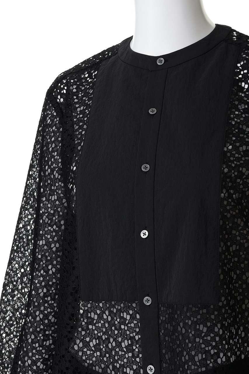 【エリオポール/heliopole】のレースカラーレスシャツ 人気、トレンドファッション・服の通販 founy(ファニー) 　ファッション　Fashion　レディースファッション　Fashion for Women　トップス・カットソー　Cut & Sew Tops　シャツ・ブラウス・オフィスカジュアル　Elegant Blouses & Button-Ups　エレガント 上品　Elegant　カフス　Cuff Design　シアー　Sheer, See-Through　スリット　Slit, Slit Detail　スリーブ　Sleeve, Long Sleeve / Short Sleeve　レース　Lace, Lace Fabric　ロング　Long, Long-Length　other-5|ID: prp329100004909015 ipo3291000000036772487