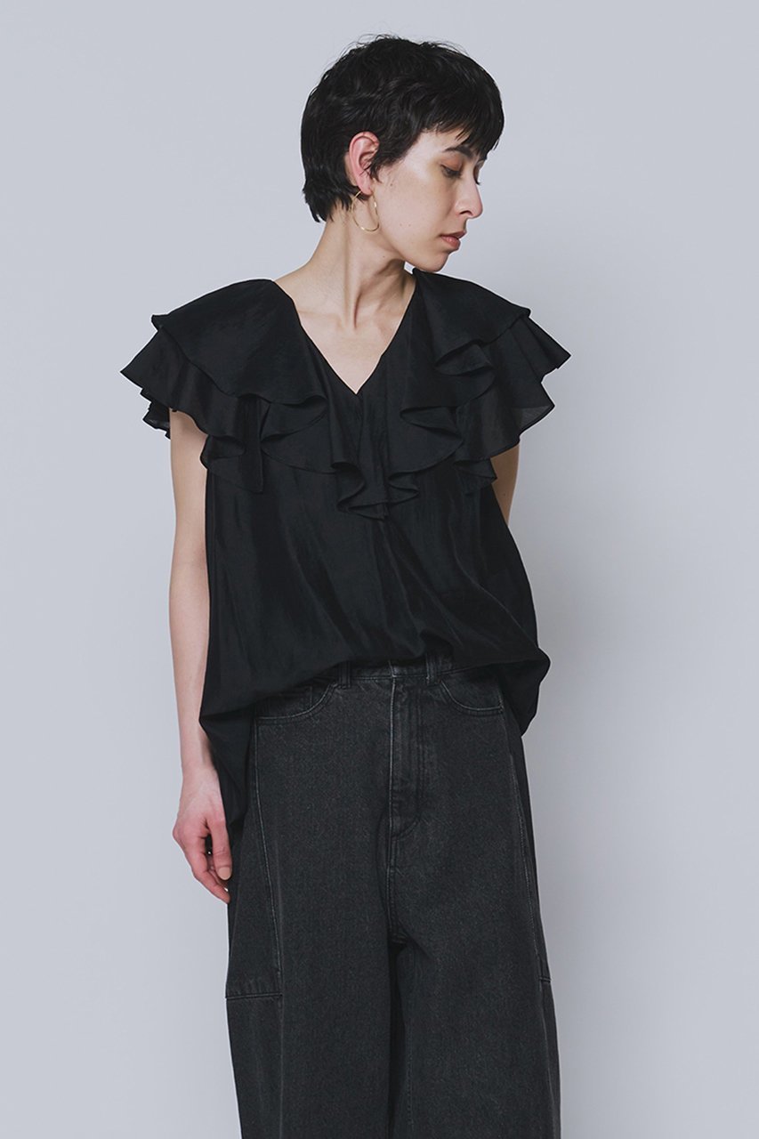 【プルミエ アロンディスモン/1er Arrondissement】のシアーテンセルフリルブラウス インテリア・キッズ・メンズ・レディースファッション・服の通販 founy(ファニー) 　ファッション　Fashion　レディースファッション　Fashion for Women　トップス・カットソー　Cut & Sew Tops　シャツ・ブラウス・オフィスカジュアル　Elegant Blouses & Button-Ups　ショート　Short, Short Length　シンプル　Simple, Minimal　スラックス　Slacks, Dress Pants　スリーブ　Sleeve, Long Sleeve / Short Sleeve　エレガント 上品　Elegant　新作・新入荷　New Arrivals / New In　ブラック|ID: prp329100004909141 ipo3291000000036773813