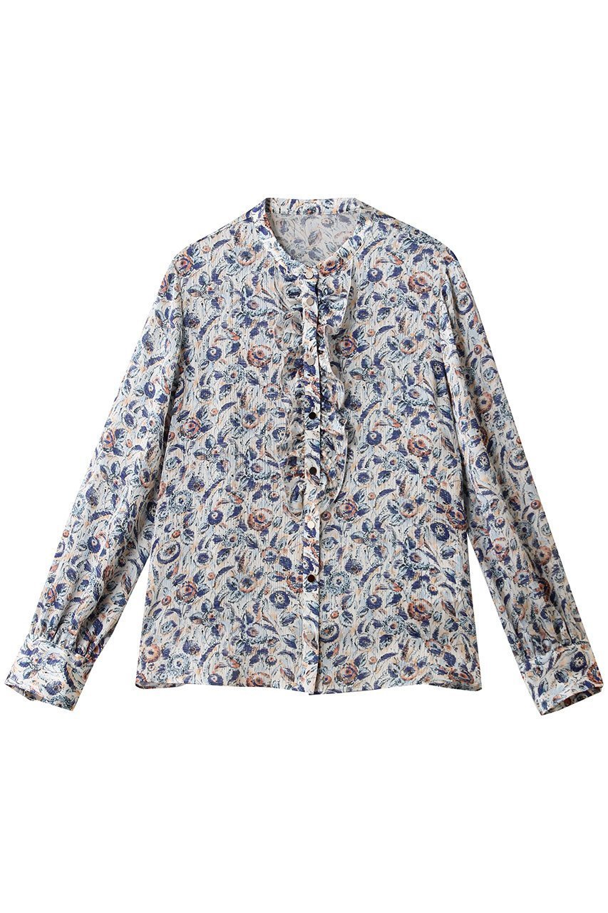 【アナイ/ANAYI】のボカシフラワーフリル ブラウス インテリア・キッズ・メンズ・レディースファッション・服の通販 founy(ファニー) 　ファッション　Fashion　レディースファッション　Fashion for Women　トップス・カットソー　Cut & Sew Tops　シャツ・ブラウス・オフィスカジュアル　Elegant Blouses & Button-Ups　なめらか　Smooth, Silky Texture　サテン　Satin, Glossy Fabric　スリーブ　Sleeve, Long Sleeve / Short Sleeve　フラワー　Flower, Floral　フリル　Frill, Ruffle　フロント　Front, Front Design　プリント　Print, Printed Pattern　メタル　Metal, Metal Parts　ロング　Long, Long-Length　エレガント 上品　Elegant　春　Spring　ブルー|ID: prp329100004909855 ipo3291000000036781014
