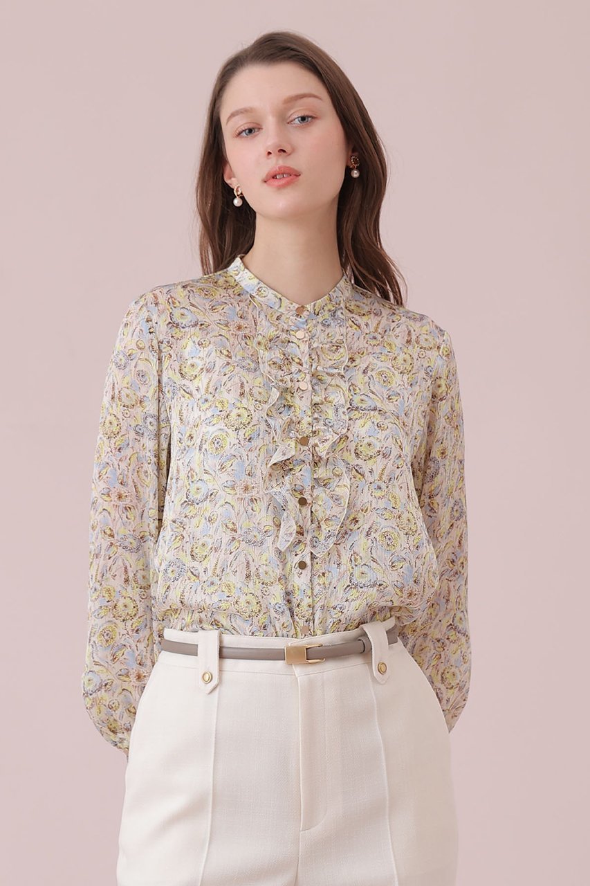 【アナイ/ANAYI】のボカシフラワーフリル ブラウス 人気、トレンドファッション・服の通販 founy(ファニー) 　ファッション　Fashion　レディースファッション　Fashion for Women　トップス・カットソー　Cut & Sew Tops　シャツ・ブラウス・オフィスカジュアル　Elegant Blouses & Button-Ups　なめらか　Smooth, Silky Texture　サテン　Satin, Glossy Fabric　スリーブ　Sleeve, Long Sleeve / Short Sleeve　フラワー　Flower, Floral　フリル　Frill, Ruffle　フロント　Front, Front Design　プリント　Print, Printed Pattern　メタル　Metal, Metal Parts　ロング　Long, Long-Length　エレガント 上品　Elegant　春　Spring　other-7|ID: prp329100004909855 ipo3291000000036781020