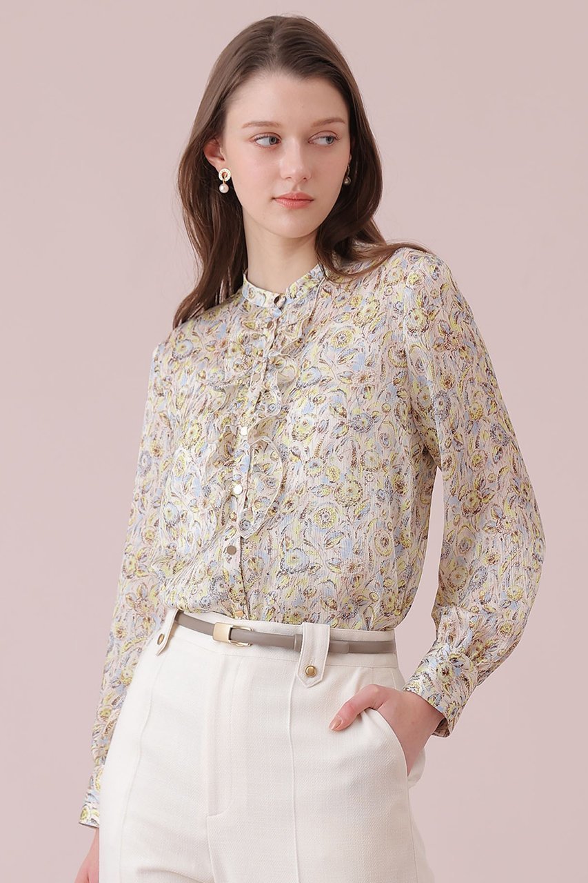 【アナイ/ANAYI】のボカシフラワーフリル ブラウス 人気、トレンドファッション・服の通販 founy(ファニー) 　ファッション　Fashion　レディースファッション　Fashion for Women　トップス・カットソー　Cut & Sew Tops　シャツ・ブラウス・オフィスカジュアル　Elegant Blouses & Button-Ups　なめらか　Smooth, Silky Texture　サテン　Satin, Glossy Fabric　スリーブ　Sleeve, Long Sleeve / Short Sleeve　フラワー　Flower, Floral　フリル　Frill, Ruffle　フロント　Front, Front Design　プリント　Print, Printed Pattern　メタル　Metal, Metal Parts　ロング　Long, Long-Length　エレガント 上品　Elegant　春　Spring　other-8|ID: prp329100004909855 ipo3291000000036781021