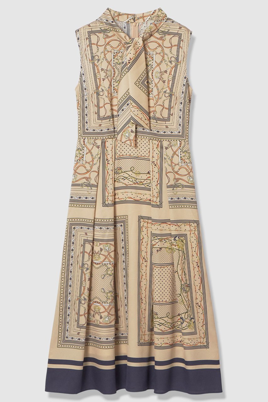 【アナイ/ANAYI】のスカーフプリントボウタイ ワンピース インテリア・キッズ・メンズ・レディースファッション・服の通販 founy(ファニー) 　ファッション　Fashion　レディースファッション　Fashion for Women　ワンピース　Dresses　チュニック　Tunic Tops & Dresses　ジャケット　Jacket, Outerwear　スカーフ　Scarf, Neckwear　チェーン　Chain, Chain Strap　チュニック　Tunic, Long Top　ドット　Polka Dot, Dot Pattern　ノースリーブ　Sleeveless, No-Sleeve　プリント　Print, Printed Pattern　モチーフ　Motif, Design Theme　ロング　Long, Long-Length　無地　Plain, Solid Color　ベージュ|ID: prp329100004910515 ipo3291000000036792656