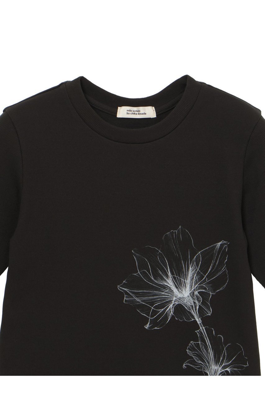 【ミラ ショーン バイ チカ キサダ/mila schon by chika kisada】のリブフルールプリントカットソー 人気、トレンドファッション・服の通販 founy(ファニー) 　ファッション　Fashion　レディースファッション　Fashion for Women　トップス・カットソー　Cut & Sew Tops　シャツ・ブラウス・オフィスカジュアル　Elegant Blouses & Button-Ups　ロングTシャツ・Tシャツ　Longline T-Shirts & Tees　カットソー・ベーシックTシャツ　Cut-and-Sewn Tops / Stretch Tees & Basics　ショート　Short, Short Length　スリーブ　Sleeve, Long Sleeve / Short Sleeve　フェミニン　Feminine, Girly　プリント　Print, Printed Pattern　モチーフ　Motif, Design Theme　other-3|ID: prp329100004910620 ipo3291000000036793602
