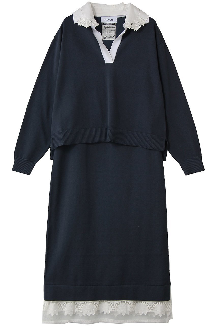 【ミュベール/MUVEIL】のスキッパーポロセットアップニット インテリア・キッズ・メンズ・レディースファッション・服の通販 founy(ファニー) 　ファッション　Fashion　レディースファッション　Fashion for Women　トップス・カットソー　Cut & Sew Tops　ニット　Knit Tops & Sweaters　カジュアルプルオーバー・ニットトップス　Pullovers & Knit Tops / Casual Pullovers　なめらか　Smooth, Silky Texture　シルク　Silk, 100% Silk　セットアップ　Set-Up, Coordinated Outfit　フィット　Fit, Slim Fit　フラワー　Flower, Floral　ボックス　Boxy, Box Shape　モチーフ　Motif, Design Theme　レース　Lace, Lace Fabric　ネイビー|ID: prp329100004911760 ipo3291000000036807291