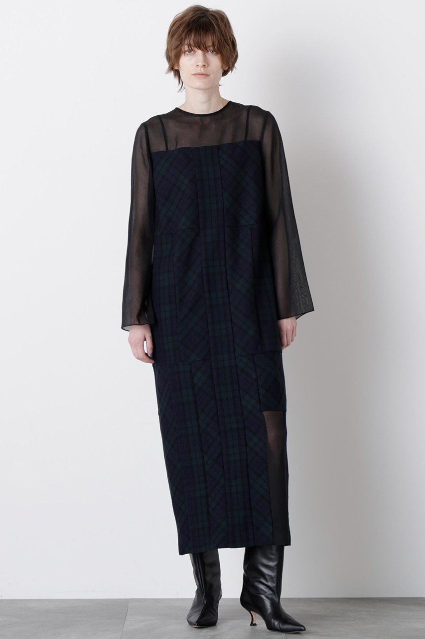 【ヒューエルミュージアム/hueLe Museum】の【STUMBLY】Sheer Combination Pattern Dress インテリア・キッズ・メンズ・レディースファッション・服の通販 founy(ファニー) ファッション Fashion レディースファッション Fashion for Women ワンピース Dresses フォーマル・パーティードレス・結婚式用ドレス Elegant & Casual Dresses チュニック Tunic Tops & Dresses チェック Check, Plaid, Tartan チュニック Tunic, Long Top ドレス Dress, One-Piece パッチワーク Patchwork, Mixed Fabric プリント Print, Printed Pattern ランダム Random, Irregular ロング Long, Long-Length 無地 Plain, Solid Color グリーン|ID: prp329100004914546 ipo3291000000036832328