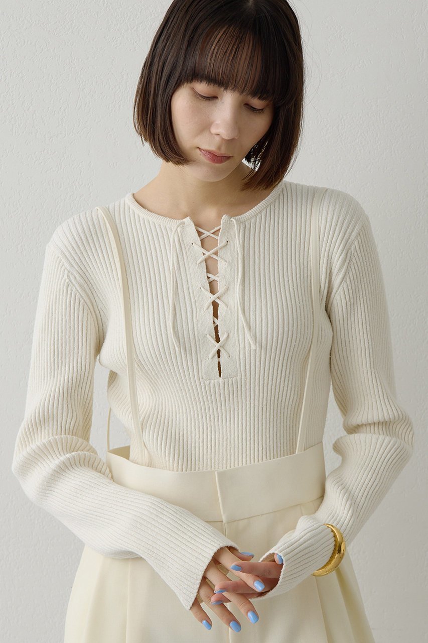 【ウィムガゼット/Whim Gazette】のRAW SILKレースアッププルオーバー 人気、トレンドファッション・服の通販 founy(ファニー) 　ファッション　Fashion　レディースファッション　Fashion for Women　トップス・カットソー　Cut & Sew Tops　ニット　Knit Tops & Sweaters　カジュアルプルオーバー・ニットトップス　Pullovers & Knit Tops / Casual Pullovers　インナー　Innerwear　ジャケット　Jacket, Outerwear　センター　Center, Center Line　ネップ　Nepp, Slub Yarn　フロント　Front, Front Design　レース　Lace, Lace Fabric　 other-1|ID: prp329100004914755 ipo3291000000036834664