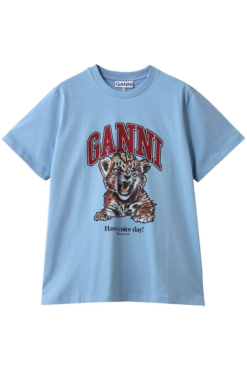 【ガニー/GANNI】のBasic Jersey Tiger Relaxed Tシャツ インテリア・キッズ・メンズ・レディースファッション・服の通販 founy(ファニー) 　ファッション　Fashion　レディースファッション　Fashion for Women　トップス・カットソー　Cut & Sew Tops　シャツ・ブラウス・オフィスカジュアル　Elegant Blouses & Button-Ups　ロングTシャツ・Tシャツ　Longline T-Shirts & Tees　カットソー・ベーシックTシャツ　Cut-and-Sewn Tops / Stretch Tees & Basics　イラスト　Illustration　ショート　Short, Short Length　スリーブ　Sleeve, Long Sleeve / Short Sleeve　プリント　Print, Printed Pattern　モチーフ　Motif, Design Theme　ブリスフルブルー|ID: prp329100004914884 ipo3291000000036836678