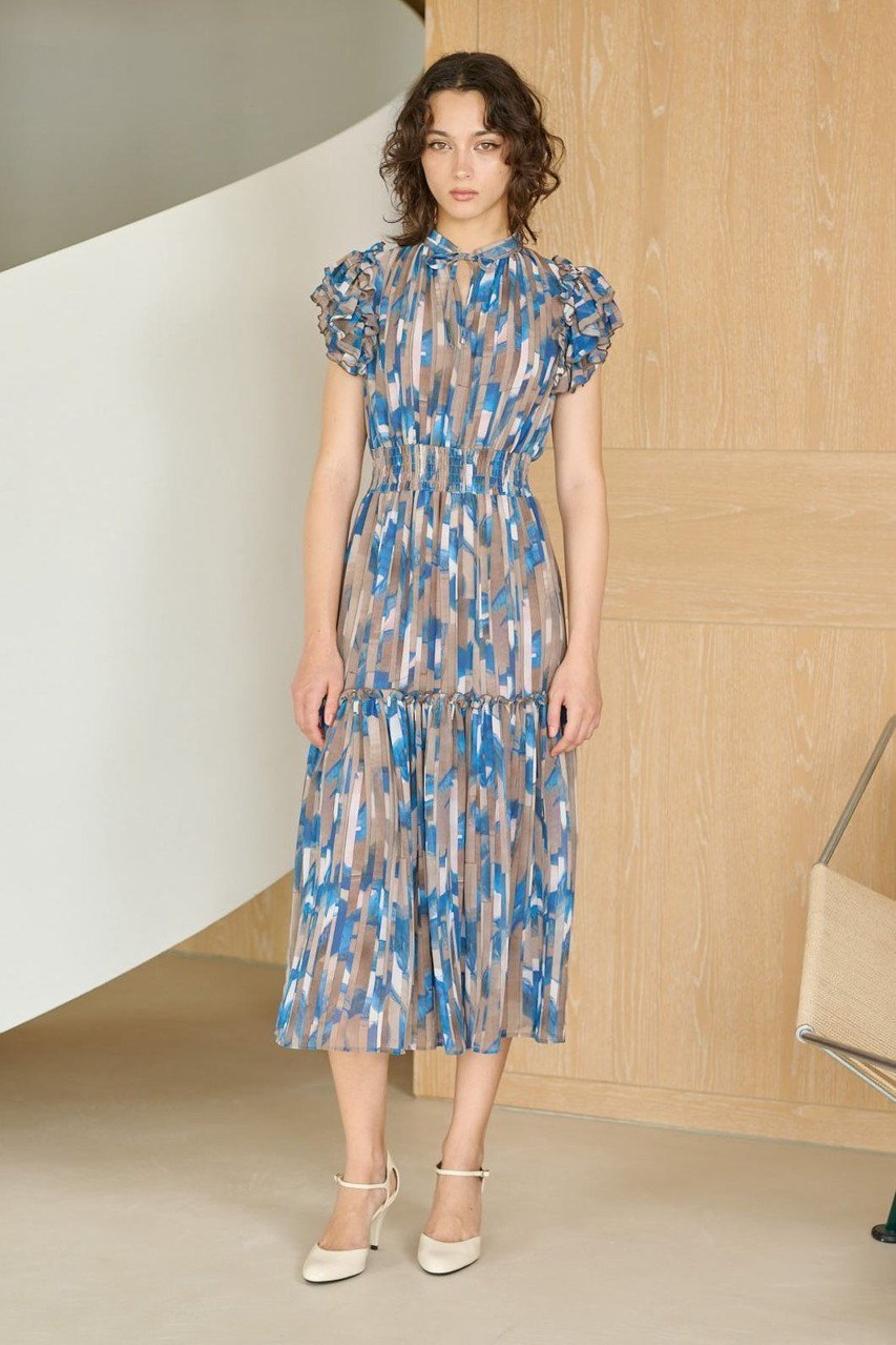 【コルコバード/CORCOVADO】のプリントシフォンラッフルショルダードレス 人気、トレンドファッション・服の通販 founy(ファニー) 　ファッション　Fashion　レディースファッション　Fashion for Women　ワンピース　Dresses　フォーマル・パーティードレス・結婚式用ドレス　Elegant & Casual Dresses　チュニック　Tunic Tops & Dresses　エレガント 上品　Elegant　シフォン　Chiffon, Lightweight Fabric　チュニック　Tunic, Long Top　フィット　Fit, Slim Fit　フリル　Frill, Ruffle　フレア　Flare, Flared　プリント　Print, Printed Pattern　モザイク　Mosaic, Geometric Pattern　リボン　Ribbon, Bow　新作・新入荷　New Arrivals / New In　other-6|ID: prp329100004915085 ipo3291000000036839407