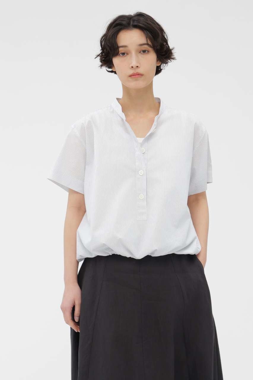 【マーガレットハウエル/MARGARET HOWELL】のYARN DYED COTTON POPLIN SHIRT インテリア・キッズ・メンズ・レディースファッション・服の通販 founy(ファニー) 　ファッション　Fashion　レディースファッション　Fashion for Women　トップス・カットソー　Cut & Sew Tops　シャツ・ブラウス・オフィスカジュアル　Elegant Blouses & Button-Ups　なめらか　Smooth, Silky Texture　ショート　Short, Short Length　スピンドル　Spindle, Drawcord　スリーブ　Sleeve, Long Sleeve / Short Sleeve　ブラウジング　Blouson Silhouette, Cinched Waist　エレガント 上品　Elegant　半袖　Short Sleeve, Half Sleeve　ブルー|ID: prp329100004917896 ipo3291000000036879396