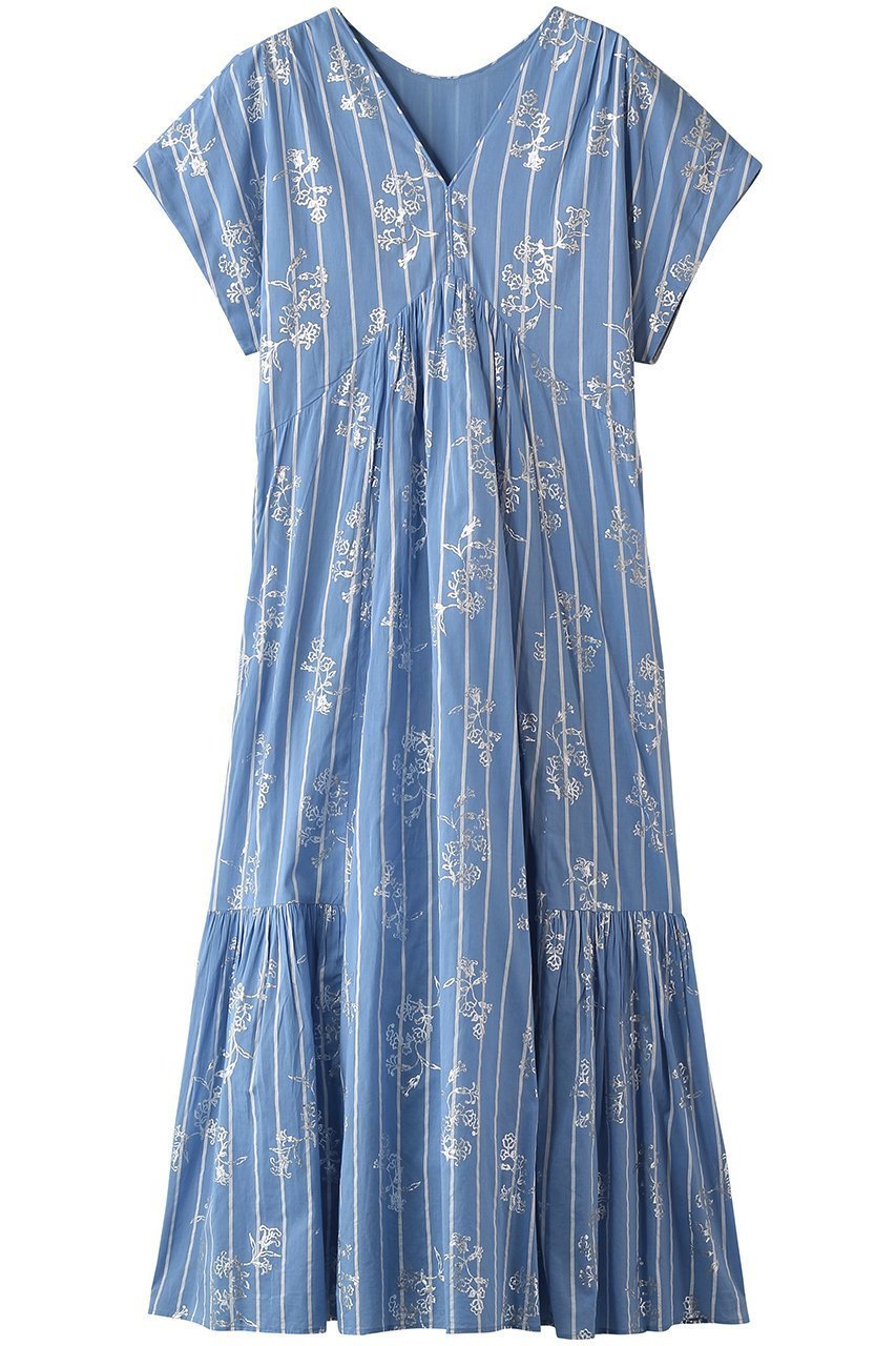 【ヌキテパ/NE QUITTEZ PAS】のCotton Voile Stripe Anemone Foil Print フレンチスリーブドレス インテリア・キッズ・メンズ・レディースファッション・服の通販 founy(ファニー) 　ファッション　Fashion　レディースファッション　Fashion for Women　ワンピース　Dresses　フォーマル・パーティードレス・結婚式用ドレス　Elegant & Casual Dresses　チュニック　Tunic Tops & Dresses　ギャザー　Gathered, Ruffled　サンダル　Sandals, Summer Shoes　ジュエリー　Jewelry, Accessories　ストライプ　Stripe, Striped Pattern　チュニック　Tunic, Long Top　ドレス　Dress, One-Piece　プリント　Print, Printed Pattern　リゾート　Resort, Vacation Style　リュクス　Luxury, Elegant, High-End, Chic　ロング　Long, Long-Length　ブルー|ID: prp329100004918030 ipo3291000000036887325