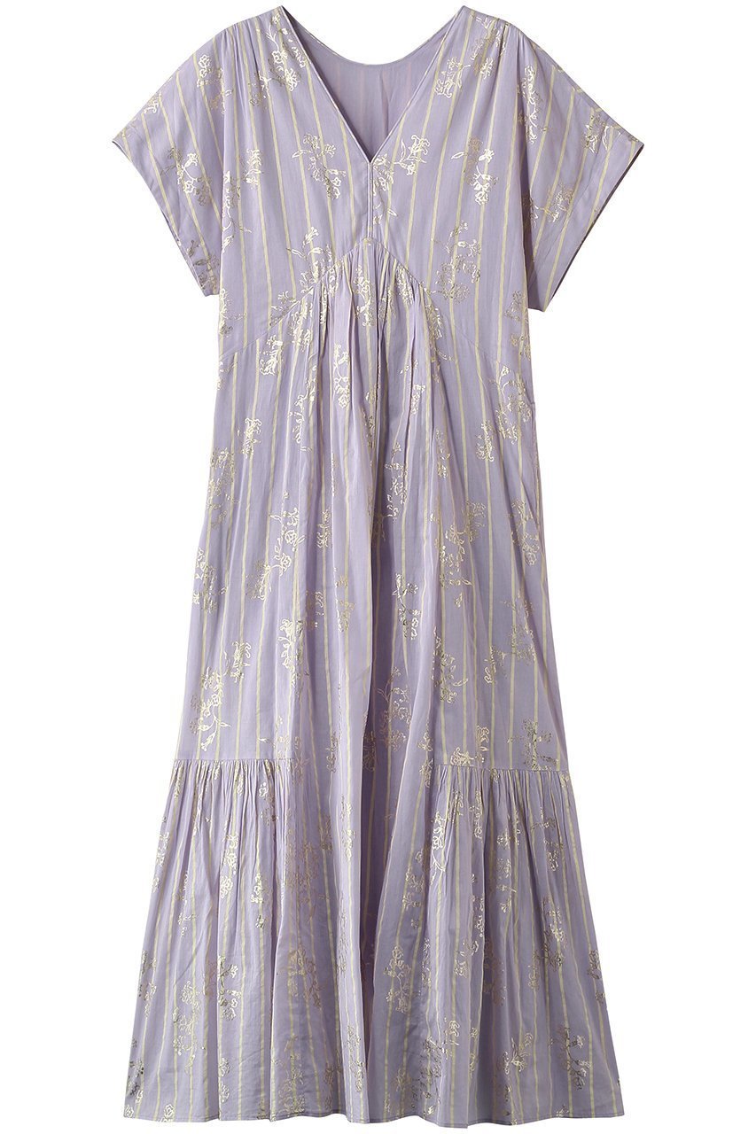 【ヌキテパ/NE QUITTEZ PAS】のCotton Voile Stripe Anemone Foil Print フレンチスリーブドレス インテリア・キッズ・メンズ・レディースファッション・服の通販 founy(ファニー) 　ファッション　Fashion　レディースファッション　Fashion for Women　ワンピース　Dresses　フォーマル・パーティードレス・結婚式用ドレス　Elegant & Casual Dresses　チュニック　Tunic Tops & Dresses　ギャザー　Gathered, Ruffled　サンダル　Sandals, Summer Shoes　ジュエリー　Jewelry, Accessories　ストライプ　Stripe, Striped Pattern　チュニック　Tunic, Long Top　ドレス　Dress, One-Piece　プリント　Print, Printed Pattern　リゾート　Resort, Vacation Style　リュクス　Luxury, Elegant, High-End, Chic　ロング　Long, Long-Length　ライラック|ID: prp329100004918030 ipo3291000000036887326
