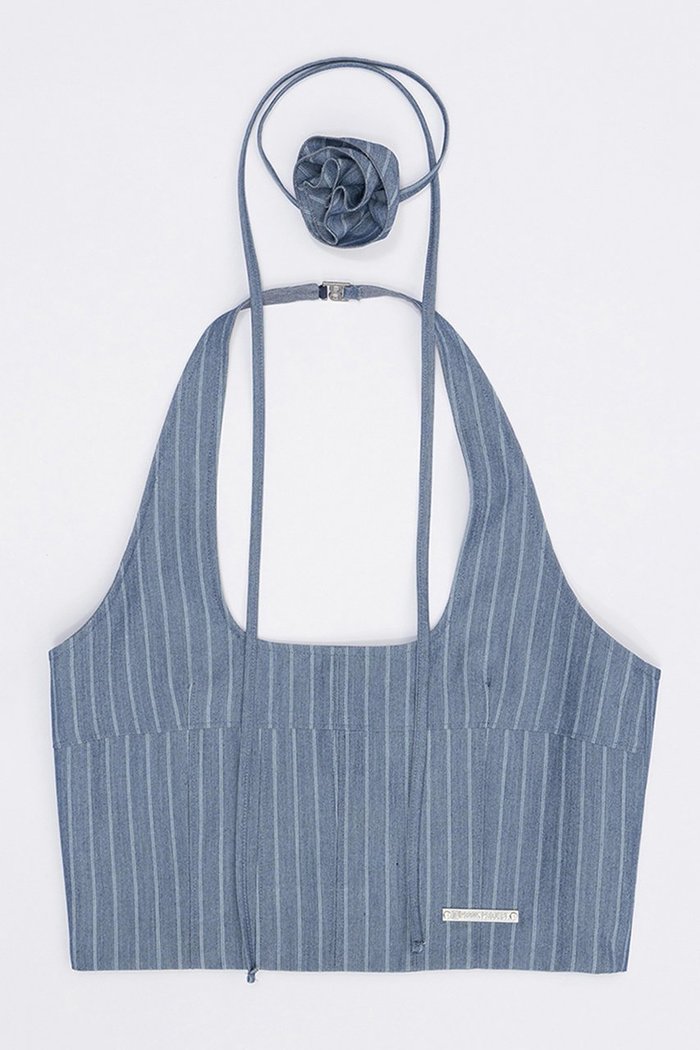 【プランク プロジェクト/PRANK PROJECT】のフラワーチョーカーストライプホルタートップス / Flower Choker Striped Halter Top インテリア・キッズ・メンズ・レディースファッション・服の通販 founy(ファニー) https://founy.com/ ファッション Fashion レディースファッション Fashion for Women トップス・カットソー Cut & Sew Tops キャミソール&ノースリーブ Camisoles & Sleeveless Tops シャツ・ブラウス・オフィスカジュアル Elegant Blouses & Button-Ups スクエア Square, Square Shape ストライプ Stripe, Striped Pattern ストレート Straight, Straight Cut セットアップ Set-Up, Coordinated Outfit デニム Denim, Jeans Material ノースリーブ Sleeveless, No-Sleeve 夏 Summer |ID: prp329100004918757 ipo3291000000036895820