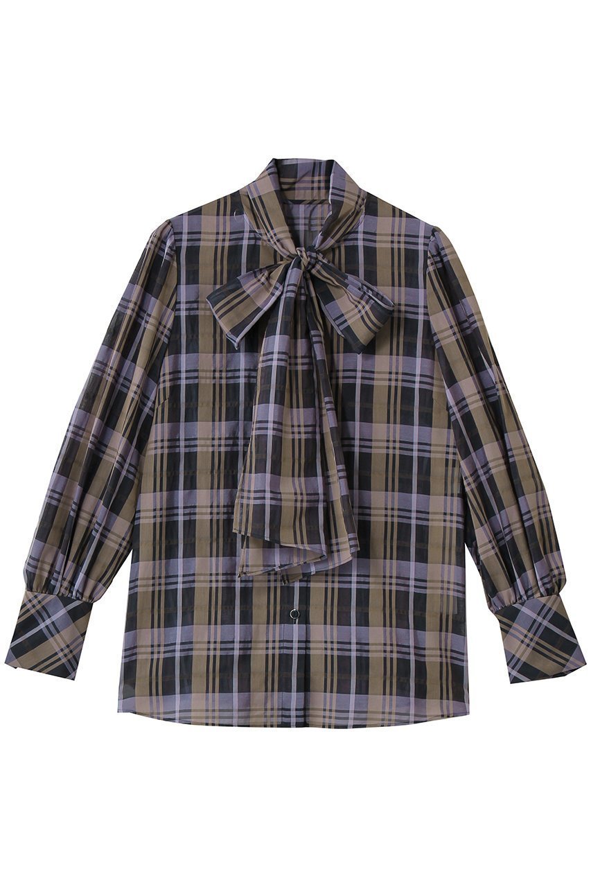【アルアバイル/allureville】のシアーチェックボウブラウス インテリア・キッズ・メンズ・レディースファッション・服の通販 founy(ファニー) 　ファッション　Fashion　レディースファッション　Fashion for Women　トップス・カットソー　Cut & Sew Tops　シャツ・ブラウス・オフィスカジュアル　Elegant Blouses & Button-Ups　シアー　Sheer, See-Through　スリーブ　Sleeve, Long Sleeve / Short Sleeve　チェック　Check, Plaid, Tartan　デニム　Denim, Jeans Material　ロング　Long, Long-Length　エレガント 上品　Elegant　ライトパープル|ID: prp329100004918821 ipo3291000000036897524