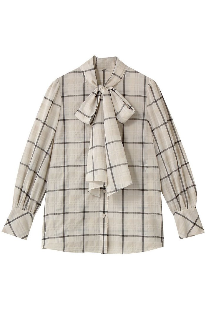 【アルアバイル/allureville】のシアーチェックボウブラウス インテリア・キッズ・メンズ・レディースファッション・服の通販 founy(ファウニー) https://founy.com/ ファッション Fashion レディースファッション Fashion for Women トップス・カットソー Cut & Sew Tops シャツ・ブラウス・オフィスカジュアル Elegant Blouses & Button-Ups シアー Sheer, See-Through スリーブ Sleeve, Long Sleeve / Short Sleeve チェック Check, Plaid, Tartan デニム Denim, Jeans Material ロング Long, Long-Length エレガント 上品 Elegant |ID: prp329100004918821 ipo3291000000037240094