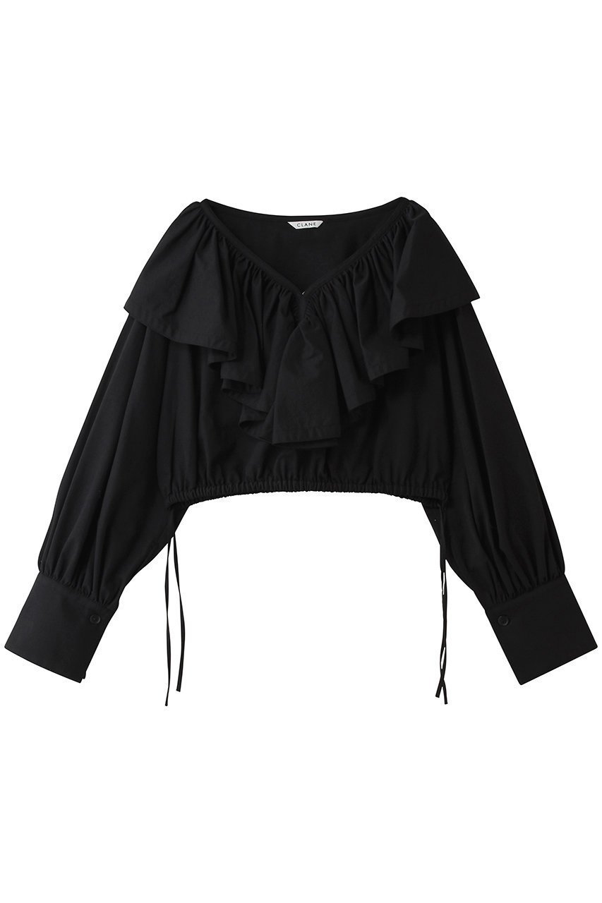 【クラネ/CLANE】のFRILL COLLAR SHORT BLOUSE シャツ/ブラウス インテリア・キッズ・メンズ・レディースファッション・服の通販 founy(ファニー) 　ファッション　Fashion　レディースファッション　Fashion for Women　トップス・カットソー　Cut & Sew Tops　シャツ・ブラウス・オフィスカジュアル　Elegant Blouses & Button-Ups　カフス　Cuff Design　クロップド　Cropped, Short Length　スリーブ　Sleeve, Long Sleeve / Short Sleeve　フリル　Frill, Ruffle　リネン　Linen, Linen Fabric　ロング　Long, Long-Length　BLACK|ID: prp329100004918828 ipo3291000000036897711