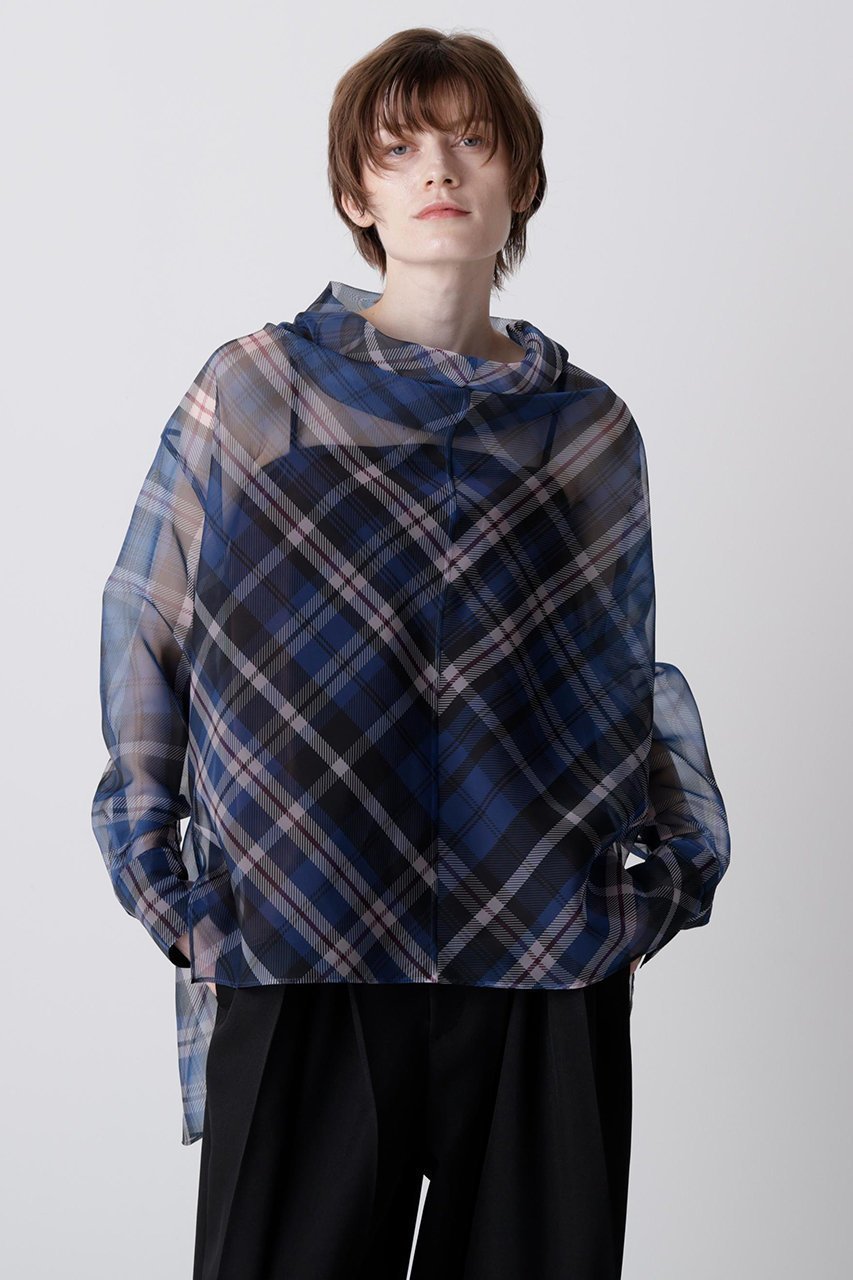 【ヒューエルミュージアム/hueLe Museum】の【hLM】シアーチェックブラウス インテリア・キッズ・メンズ・レディースファッション・服の通販 founy(ファニー) 　ファッション　Fashion　レディースファッション　Fashion for Women　トップス・カットソー　Cut & Sew Tops　シャツ・ブラウス・オフィスカジュアル　Elegant Blouses & Button-Ups　おすすめ　Recommended / Our Picks　インナー　Innerwear　オーガンジー　Organza Fabric　クラシック　Classic, Timeless Style　ジャケット　Jacket, Outerwear　スリーブ　Sleeve, Long Sleeve / Short Sleeve　チェック　Check, Plaid, Tartan　ドレープ　Drape, Draping Fabric　ロング　Long, Long-Length　定番　Standard, Basic Item　ブルー|ID: prp329100004918954 ipo3291000000036898794