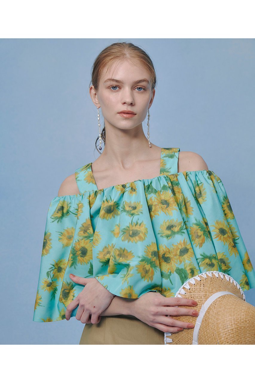 【アルアバイル/allureville】の【LOULOU WILLOUGHBY】サンフラワープリントブラウス 人気、トレンドファッション・服の通販 founy(ファニー) 　ファッション　Fashion　レディースファッション　Fashion for Women　トップス・カットソー　Cut & Sew Tops　シャツ・ブラウス・オフィスカジュアル　Elegant Blouses & Button-Ups　花柄・フラワープリント・モチーフ　Floral Prints & Motifs / Flower Pattern Tops　ギャザー　Gathered, Ruffled　ショート　Short, Short Length　スリーブ　Sleeve, Long Sleeve / Short Sleeve　タフタ　Taffeta, Structured Fabric　プリント　Print, Printed Pattern　ラップ　Wrap, Wrap Design　エレガント 上品　Elegant　夏　Summer　other-7|ID: prp329100004919334 ipo3291000000036904086