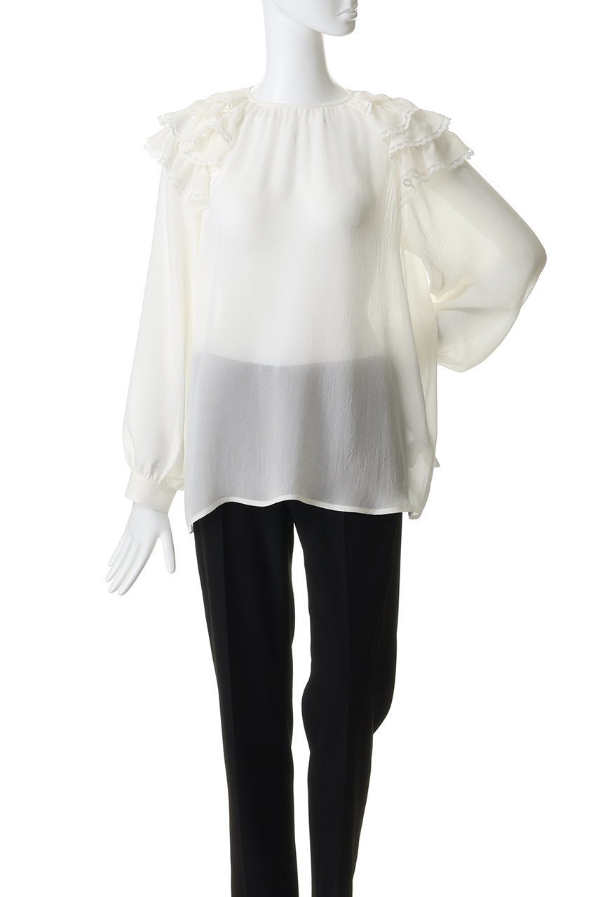【ジェイドット/j.】のシアージョーゼット ショルダーフリルブラウス 人気、トレンドファッション・服の通販 founy(ファニー) 　ファッション　Fashion　レディースファッション　Fashion for Women　トップス・カットソー　Cut & Sew Tops　シャツ・ブラウス・オフィスカジュアル　Elegant Blouses & Button-Ups　エアリー　Airy Texture　カフス　Cuff Design　ギャザー　Gathered, Ruffled　シアー　Sheer, See-Through　ジョーゼット　Georgette, Semi-Sheer Fabric　スリーブ　Sleeve, Long Sleeve / Short Sleeve　デニム　Denim, Jeans Material　パーティ　Party, Party Style　フェミニン　Feminine, Girly　レース　Lace, Lace Fabric　ロング　Long, Long-Length　新作・新入荷　New Arrivals / New In　other-2|ID: prp329100004919431 ipo3291000000036905296