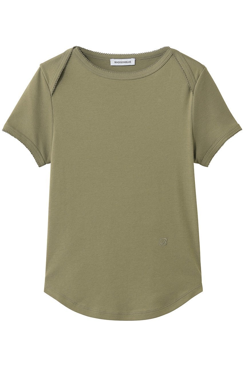 【マディソンブルー/MADISONBLUE】のEMBROIDERED TRIM BOAT NECK TEE S/COTTON ボートネックTシャツ インテリア・キッズ・メンズ・レディースファッション・服の通販 founy(ファニー) 　ファッション　Fashion　レディースファッション　Fashion for Women　トップス・カットソー　Cut & Sew Tops　シャツ・ブラウス・オフィスカジュアル　Elegant Blouses & Button-Ups　ロングTシャツ・Tシャツ　Longline T-Shirts & Tees　カットソー・ベーシックTシャツ　Cut-and-Sewn Tops / Stretch Tees & Basics　おすすめ　Recommended / Our Picks　ショート　Short, Short Length　スリーブ　Sleeve, Long Sleeve / Short Sleeve　フレア　Flare, Flared　ボトム　Bottoms, Lower Wear　モチーフ　Motif, Design Theme　エレガント 上品　Elegant　半袖　Short Sleeve, Half Sleeve　新作・新入荷　New Arrivals / New In　カーキ|ID: prp329100004919461 ipo3291000000036905708