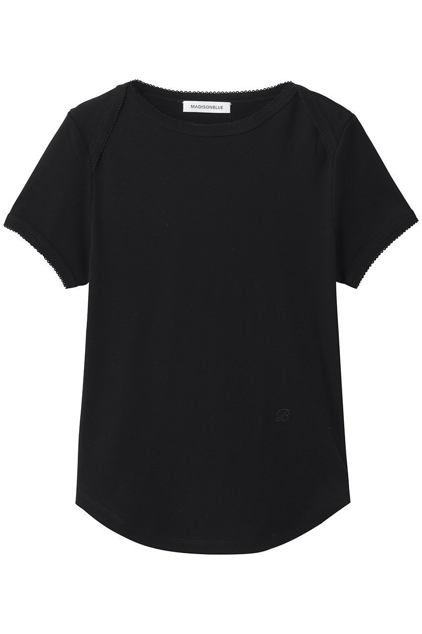 【マディソンブルー/MADISONBLUE】のEMBROIDERED TRIM BOAT NECK TEE S/COTTON ボートネックTシャツ インテリア・キッズ・メンズ・レディースファッション・服の通販 founy(ファニー) 　ファッション　Fashion　レディースファッション　Fashion for Women　トップス・カットソー　Cut & Sew Tops　シャツ・ブラウス・オフィスカジュアル　Elegant Blouses & Button-Ups　ロングTシャツ・Tシャツ　Longline T-Shirts & Tees　カットソー・ベーシックTシャツ　Cut-and-Sewn Tops / Stretch Tees & Basics　おすすめ　Recommended / Our Picks　ショート　Short, Short Length　スリーブ　Sleeve, Long Sleeve / Short Sleeve　フレア　Flare, Flared　ボトム　Bottoms, Lower Wear　モチーフ　Motif, Design Theme　エレガント 上品　Elegant　半袖　Short Sleeve, Half Sleeve　新作・新入荷　New Arrivals / New In　ブラック|ID: prp329100004919461 ipo3291000000036905710