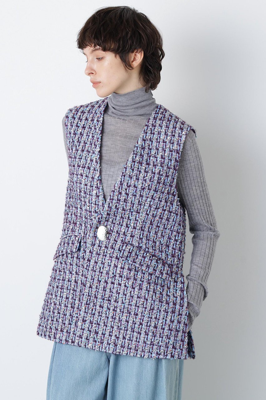 【ヒューエルミュージアム/hueLe Museum】の【STUMBLY】Linton No Collar Gilet インテリア・キッズ・メンズ・レディースファッション・服の通販 founy(ファニー) 　ファッション　Fashion　レディースファッション　Fashion for Women　アウター　Coat / Outerwear Collection　レディースジャケット・軽アウター　Jackets　クラシック　Classic, Timeless Style　ジャケット　Jacket, Outerwear　スリット　Slit, Slit Detail　ツイード　Twill, Twill Weave　フロント　Front, Front Design　ポケット　Pocket, Pocket Detail　モダン　Modern, Contemporary　ブルー|ID: prp329100004921482 ipo3291000000036923950