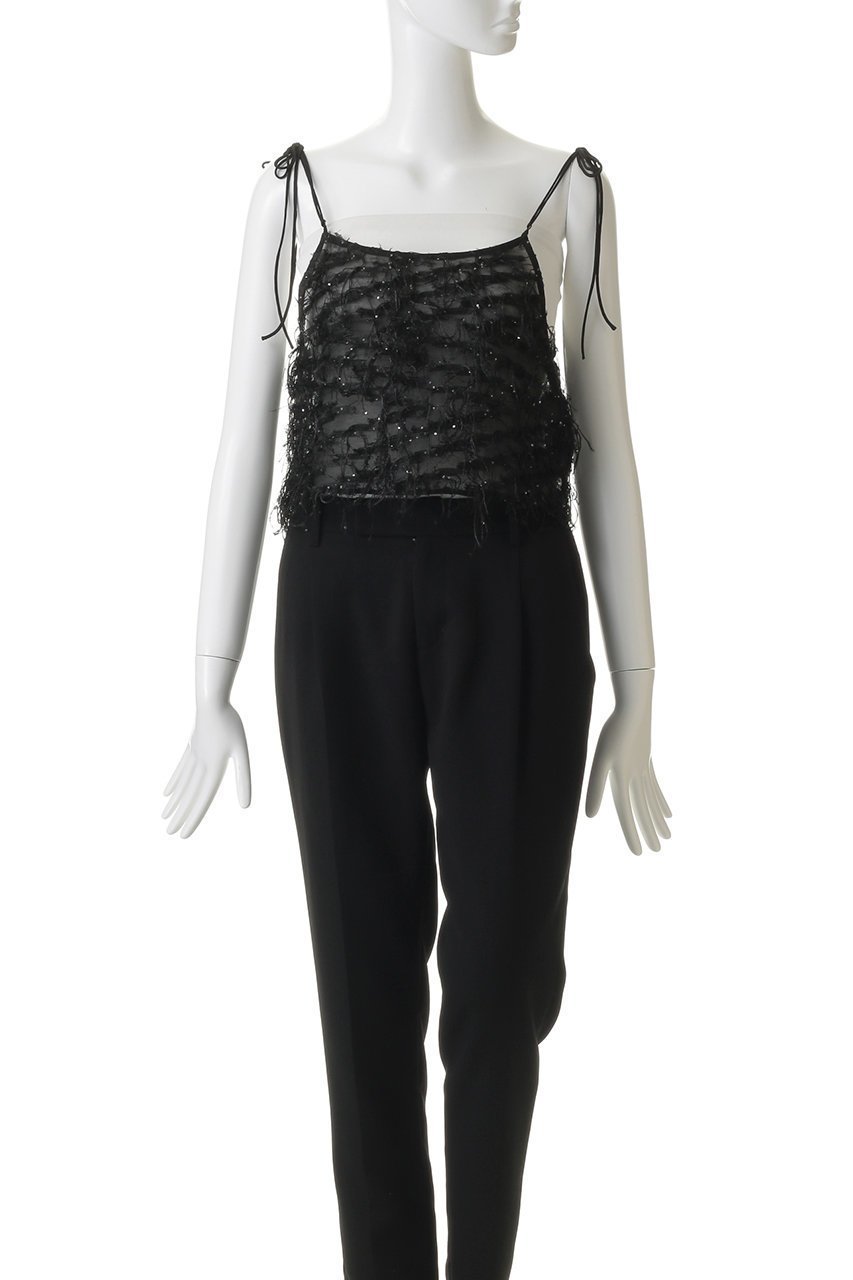 【ルール ロジェット/leur logette】のシアーフリンジキャミトップス 人気、トレンドファッション・服の通販 founy(ファニー) 　ファッション　Fashion　レディースファッション　Fashion for Women　トップス・カットソー　Cut & Sew Tops　キャミソール&ノースリーブ　Camisoles & Sleeveless Tops　シャツ・ブラウス・オフィスカジュアル　Elegant Blouses & Button-Ups　ロングTシャツ・Tシャツ　Longline T-Shirts & Tees　カットソー・ベーシックTシャツ　Cut-and-Sewn Tops / Stretch Tees & Basics　イタリア　Italy　キャミソール　Camisole, Spaghetti Strap Top　ジャカード／ジャガード　Jacquard, Woven Pattern　スパンコール　Sequins, Sequin Embellishment　タンク　Tank Top, Sleeveless Top　フリンジ　Fringe, Tassel　フロント　Front, Front Design　ランダム　Random, Irregular　other-7|ID: prp329100004921820 ipo3291000000036928892