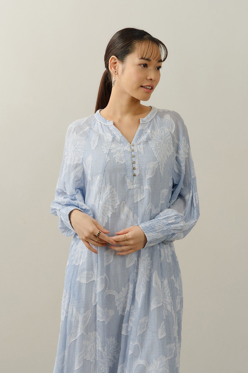 【ヌキテパ/NE QUITTEZ PAS】のCotton Stripe Flower Jacquard フレアワンピース 人気、トレンドファッション・服の通販 founy(ファニー) 　ファッション　Fashion　レディースファッション　Fashion for Women　ワンピース　Dresses　チュニック　Tunic Tops & Dresses　オケージョン　Occasion Wear　ジャカード／ジャガード　Jacquard, Woven Pattern　ジュエリー　Jewelry, Accessories　ストライプ　Stripe, Striped Pattern　チュニック　Tunic, Long Top　フィット　Fit, Slim Fit　フレア　Flare, Flared　ロング　Long, Long-Length　エレガント 上品　Elegant　other-6|ID: prp329100004922004 ipo3291000000036930865