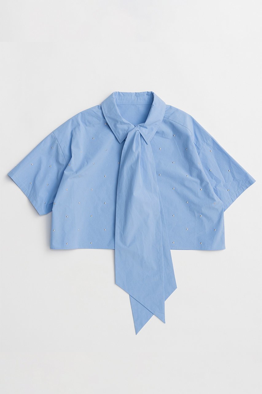 【メゾンスペシャル/MAISON SPECIAL】のStudded Half-Sleeve Bow Tie Shirt/スタッズハーフスリーブボウタイシャツ インテリア・キッズ・メンズ・レディースファッション・服の通販 founy(ファニー) 　ファッション　Fashion　レディースファッション　Fashion for Women　トップス・カットソー　Cut & Sew Tops　シャツ・ブラウス・オフィスカジュアル　Elegant Blouses & Button-Ups　なめらか　Smooth, Silky Texture　インナー　Innerwear　ガーリー　Girly, Feminine Style　ショート　Short, Short Length　ジャケット　Jacket, Outerwear　スリーブ　Sleeve, Long Sleeve / Short Sleeve　タイプライター　Typewriter Fabric, Crisp Cotton　リボン　Ribbon, Bow　ロング　Long, Long-Length　新作・新入荷　New Arrivals / New In　BLU(ブルー)|ID: prp329100004922187 ipo3291000000036932798