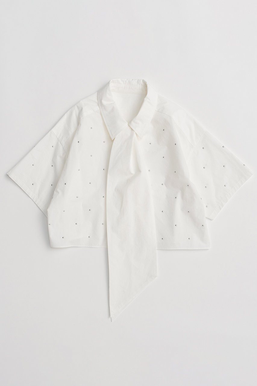【メゾンスペシャル/MAISON SPECIAL】のStudded Half-Sleeve Bow Tie Shirt/スタッズハーフスリーブボウタイシャツ インテリア・キッズ・メンズ・レディースファッション・服の通販 founy(ファニー) 　ファッション　Fashion　レディースファッション　Fashion for Women　トップス・カットソー　Cut & Sew Tops　シャツ・ブラウス・オフィスカジュアル　Elegant Blouses & Button-Ups　なめらか　Smooth, Silky Texture　インナー　Innerwear　ガーリー　Girly, Feminine Style　ショート　Short, Short Length　ジャケット　Jacket, Outerwear　スリーブ　Sleeve, Long Sleeve / Short Sleeve　タイプライター　Typewriter Fabric, Crisp Cotton　リボン　Ribbon, Bow　ロング　Long, Long-Length　新作・新入荷　New Arrivals / New In　WHT(ホワイト)|ID: prp329100004922187 ipo3291000000036932800
