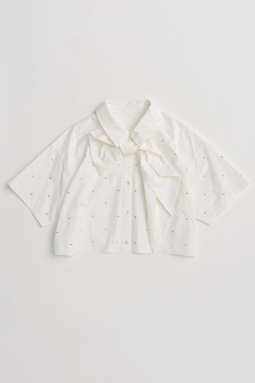 【メゾンスペシャル/MAISON SPECIAL】のStudded Half-Sleeve Bow Tie Shirt/スタッズハーフスリーブボウタイシャツ 人気、トレンドファッション・服の通販 founy(ファニー) 　ファッション　Fashion　レディースファッション　Fashion for Women　トップス・カットソー　Cut & Sew Tops　シャツ・ブラウス・オフィスカジュアル　Elegant Blouses & Button-Ups　なめらか　Smooth, Silky Texture　インナー　Innerwear　ガーリー　Girly, Feminine Style　ショート　Short, Short Length　ジャケット　Jacket, Outerwear　スリーブ　Sleeve, Long Sleeve / Short Sleeve　タイプライター　Typewriter Fabric, Crisp Cotton　リボン　Ribbon, Bow　ロング　Long, Long-Length　新作・新入荷　New Arrivals / New In　other-2|ID: prp329100004922187 ipo3291000000036932801