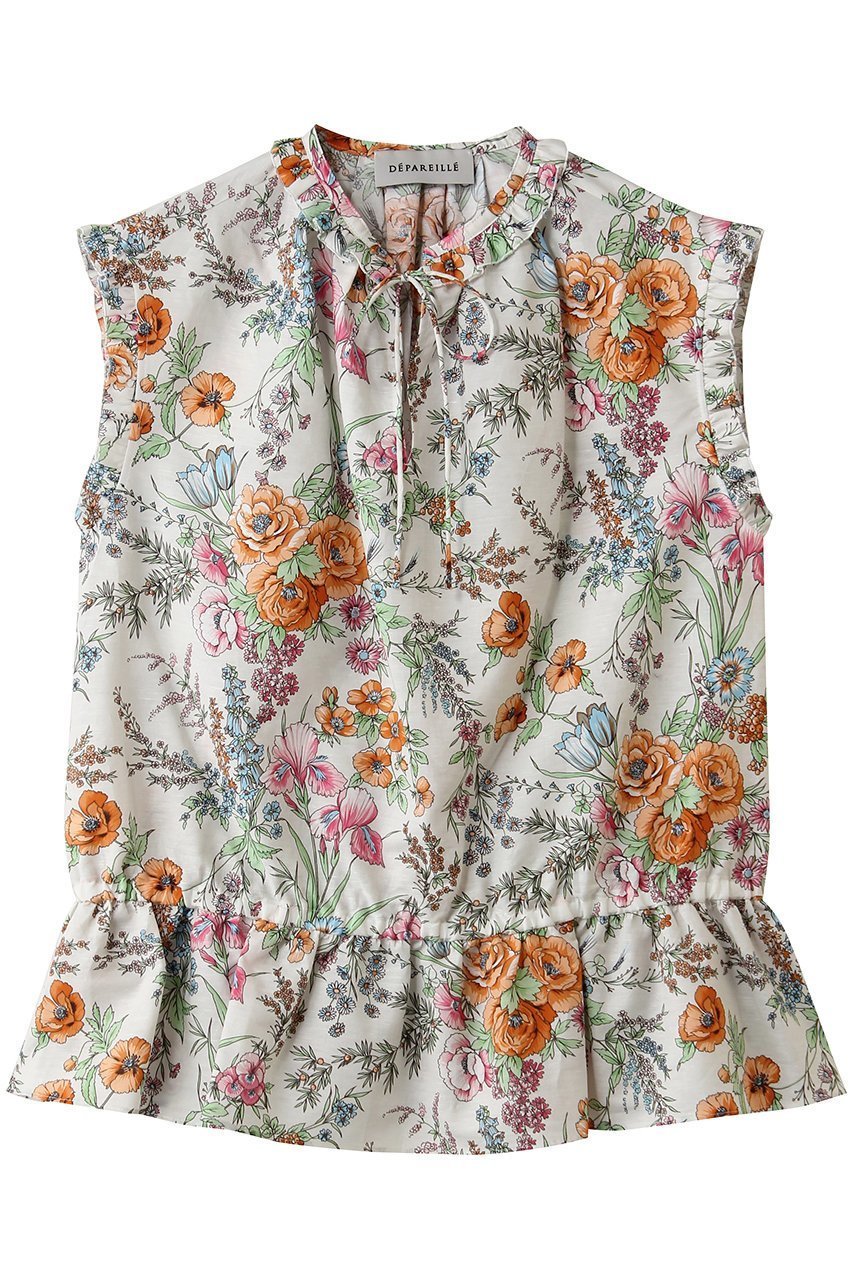 【デパリエ/DEPAREILLE】のリネンコットンフラワープリントブラウス インテリア・キッズ・メンズ・レディースファッション・服の通販 founy(ファニー) 　ファッション　Fashion　レディースファッション　Fashion for Women　トップス・カットソー　Cut & Sew Tops　キャミソール&ノースリーブ　Camisoles & Sleeveless Tops　シャツ・ブラウス・オフィスカジュアル　Elegant Blouses & Button-Ups　花柄・フラワープリント・モチーフ　Floral Prints & Motifs / Flower Pattern Tops　カラフル　Colorful Design　ノースリーブ　Sleeveless, No-Sleeve　フラワー　Flower, Floral　フリル　Frill, Ruffle　プリント　Print, Printed Pattern　リネン　Linen, Linen Fabric　リボン　Ribbon, Bow　再入荷　Restock / Back in Stock　夏　Summer　春　Spring　S/S・春夏　SS, Spring/Summer, Warm Season　ベージュ|ID: prp329100004923028 ipo3291000000036939541