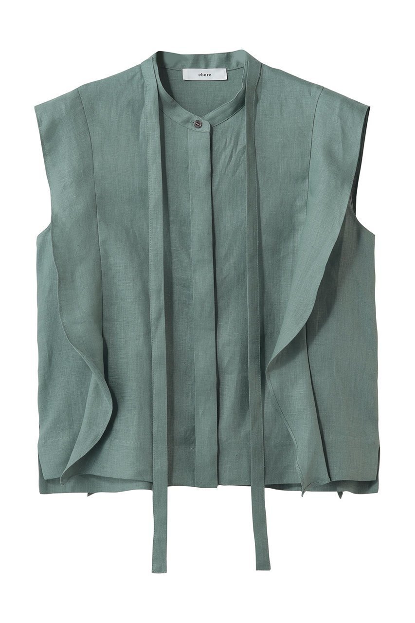 【エブール/ebure】のボタニカルリネン ボウタイショートブラウス インテリア・キッズ・メンズ・レディースファッション・服の通販 founy(ファニー) 　ファッション　Fashion　レディースファッション　Fashion for Women　トップス・カットソー　Cut & Sew Tops　キャミソール&ノースリーブ　Camisoles & Sleeveless Tops　シャツ・ブラウス・オフィスカジュアル　Elegant Blouses & Button-Ups　エレガント 上品　Elegant　クラシカル　Classical, Vintage-Inspired　コンパクト　Compact, Small Size　ショート　Short, Short Length　スマート　Smart, Elegant　デニム　Denim, Jeans Material　ノースリーブ　Sleeveless, No-Sleeve　フレア　Flare, Flared　ボトム　Bottoms, Lower Wear　今季　This Season, Current Season　再入荷　Restock / Back in Stock　ライトグリーン|ID: prp329100004923082 ipo3291000000036939956
