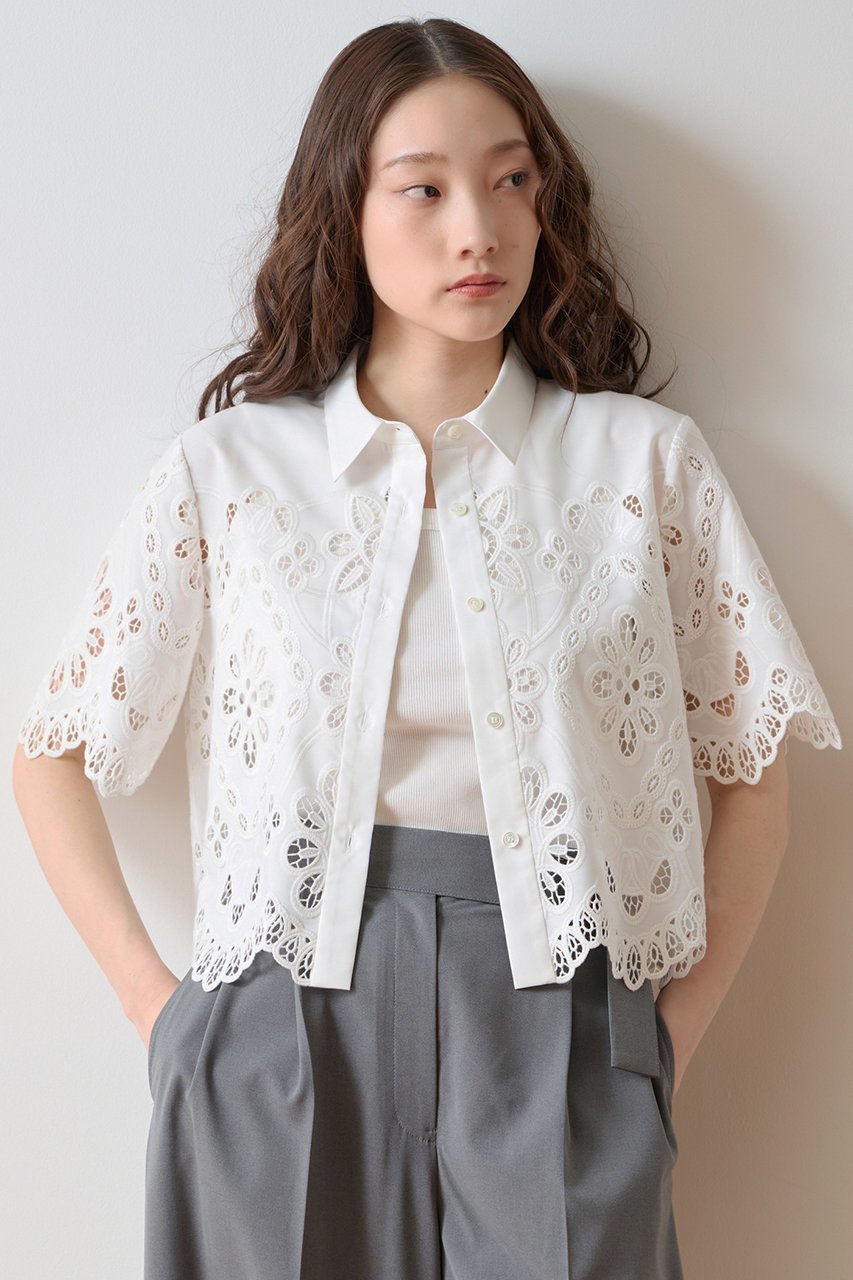 【ティアラ/Tiara】のカットワークレースショートスリーブシャツ インテリア・キッズ・メンズ・レディースファッション・服の通販 founy(ファニー) 　ファッション　Fashion　レディースファッション　Fashion for Women　トップス・カットソー　Cut & Sew Tops　シャツ・ブラウス・オフィスカジュアル　Elegant Blouses & Button-Ups　おすすめ　Recommended / Our Picks　ショート　Short, Short Length　シンプル　Simple, Minimal　スカラップ　Scallop, Scalloped Edge　スリーブ　Sleeve, Long Sleeve / Short Sleeve　セットアップ　Set-Up, Coordinated Outfit　フレア　Flare, Flared　ワイド　Wide, Wide Fit　新作・新入荷　New Arrivals / New In　ホワイト|ID: prp329100004923118 ipo3291000000036940252