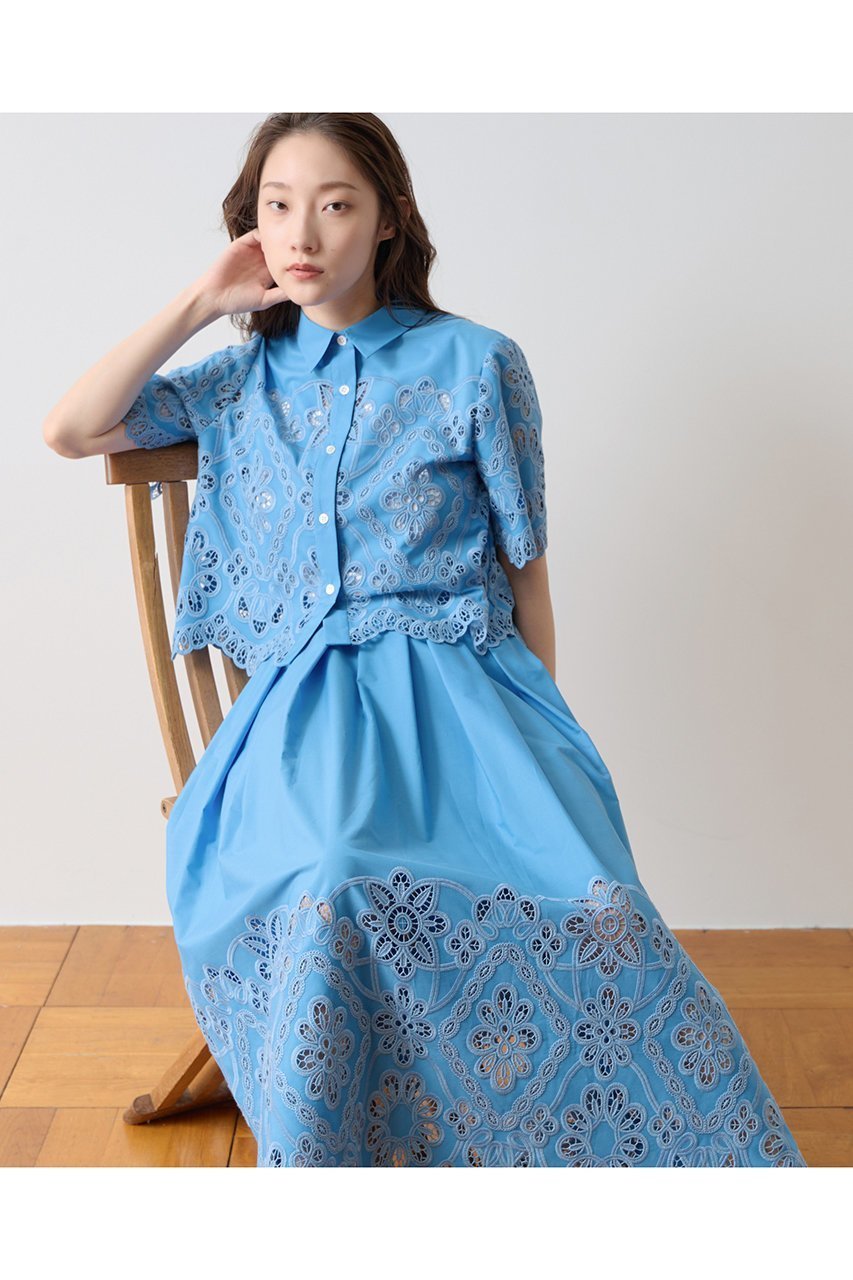 【ティアラ/Tiara】のカットワークレースショートスリーブシャツ インテリア・キッズ・メンズ・レディースファッション・服の通販 founy(ファニー) 　ファッション　Fashion　レディースファッション　Fashion for Women　トップス・カットソー　Cut & Sew Tops　シャツ・ブラウス・オフィスカジュアル　Elegant Blouses & Button-Ups　おすすめ　Recommended / Our Picks　ショート　Short, Short Length　シンプル　Simple, Minimal　スカラップ　Scallop, Scalloped Edge　スリーブ　Sleeve, Long Sleeve / Short Sleeve　セットアップ　Set-Up, Coordinated Outfit　フレア　Flare, Flared　ワイド　Wide, Wide Fit　新作・新入荷　New Arrivals / New In　ブルー|ID: prp329100004923118 ipo3291000000036940254
