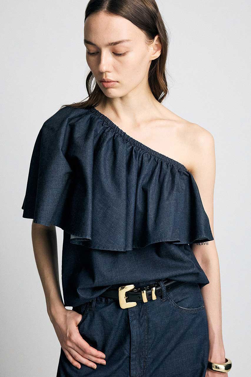 【ブリル/BRILL】のデニムワンショルプルオーバー インテリア・キッズ・メンズ・レディースファッション・服の通販 founy(ファニー) 　ファッション　Fashion　レディースファッション　Fashion for Women　トップス・カットソー　Cut & Sew Tops　シャツ・ブラウス・オフィスカジュアル　Elegant Blouses & Button-Ups　カジュアルプルオーバー・ニットトップス　Pullovers & Knit Tops / Casual Pullovers　ギャザー　Gathered, Ruffled　ショルダー　Shoulder, Shoulder Strap　ショート　Short, Short Length　スリーブ　Sleeve, Long Sleeve / Short Sleeve　フレア　Flare, Flared　新作・新入荷　New Arrivals / New In　インディゴ|ID: prp329100004923186 ipo3291000000036940842