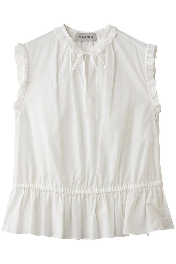 【デパリエ/DEPAREILLE】のラミーコットンスリーブレスフリルブラウス インテリア・キッズ・メンズ・レディースファッション・服の通販 founy(ファニー) https://founy.com/ ファッション Fashion レディースファッション Fashion for Women トップス・カットソー Cut & Sew Tops キャミソール&ノースリーブ Camisoles & Sleeveless Tops シャツ・ブラウス・オフィスカジュアル Elegant Blouses & Button-Ups センター Center, Center Line デニム Denim, Jeans Material ノースリーブ Sleeveless, No-Sleeve フェミニン Feminine, Girly フリル Frill, Ruffle リボン Ribbon, Bow エレガント 上品 Elegant 再入荷 Restock / Back in Stock 夏 Summer |ID: prp329100004923188 ipo3291000000036940879